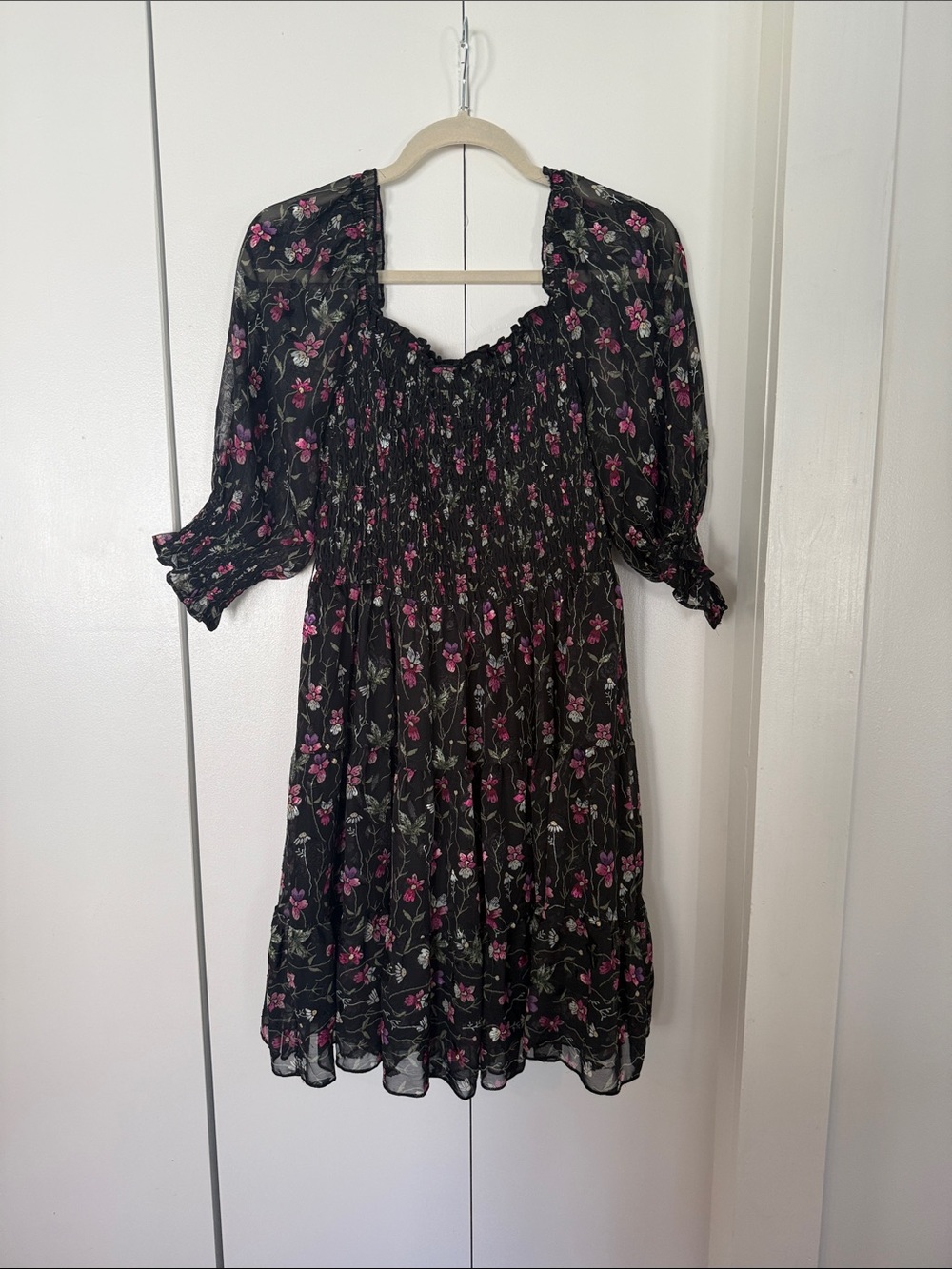 Baltic Born Black Floral Smocked Mini Dress with Pink Flowers